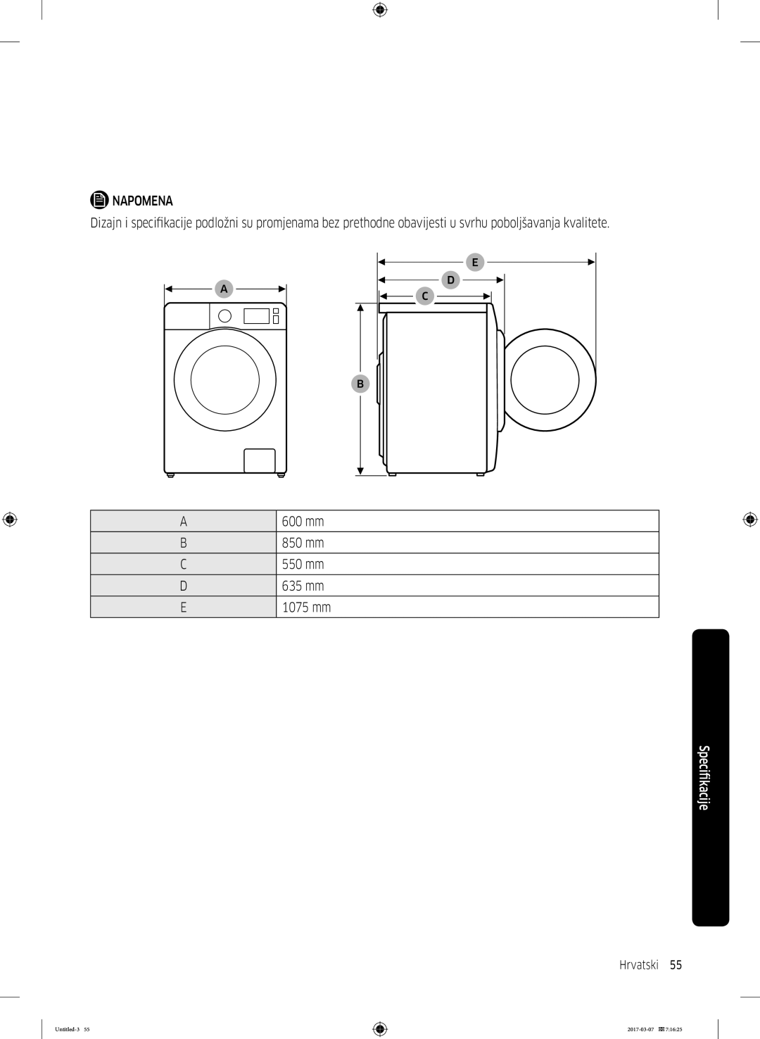 Samsung WW80J5345FW/LE, WW70J5355FW/AD, WW70J5355MW/AD, WW70J5345MW/LE, WW80J5345MW/LE, WW80J5545FW/LE manual Hrvatski 55  